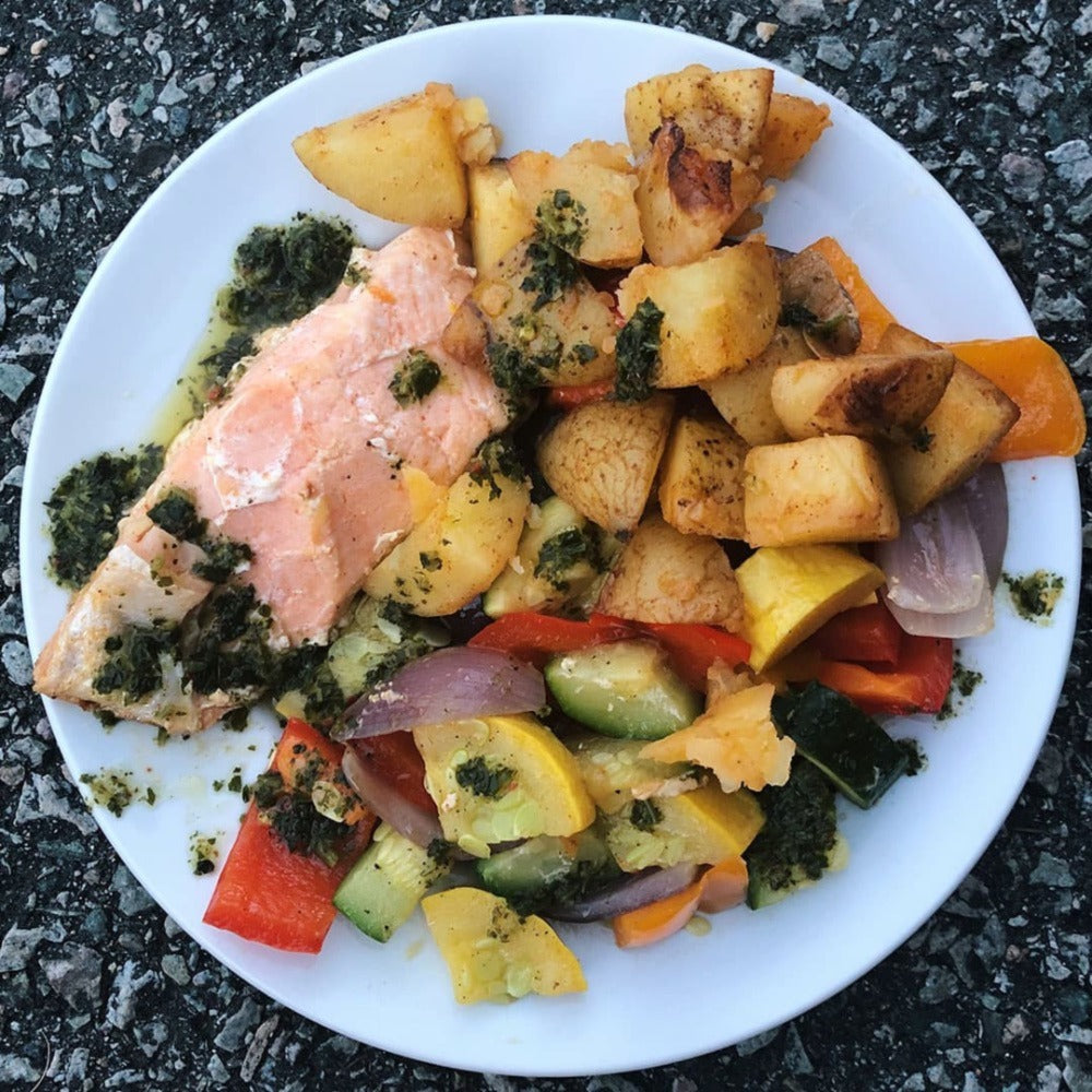 Grilled Salmon Fillet Packets with Mixed Vegetables and Chimichurri