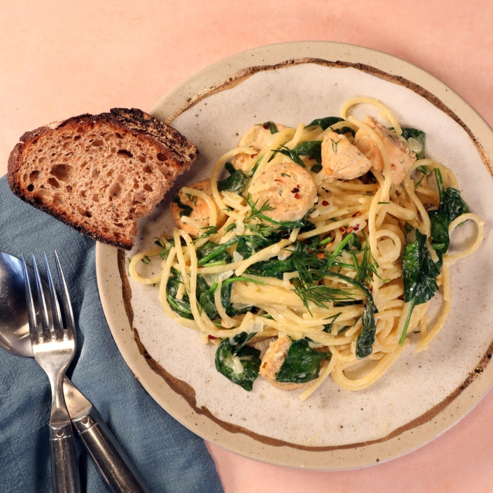 One Pot Creamy Lemon Pasta with Salmon Sausage