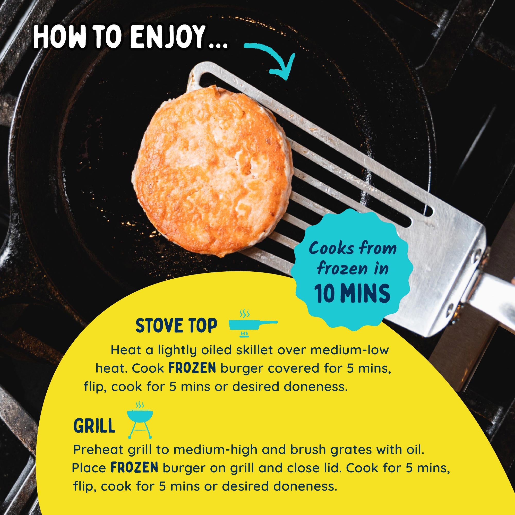 How To Enjoy - Stove Top - Heat a lightly oiled skillet over medium-low heat. Cook frozen burger covered for 5 mins, filp, cook for 5 mins or desired doneness. - GRILL - Preheat grill to medium-high and brush grates with oil. Place frozen burger on grill and close lid. Cook for 5 mins, flip, cook for 5 mins or desired doneness. - Cooks from frozen in 10 MINS.